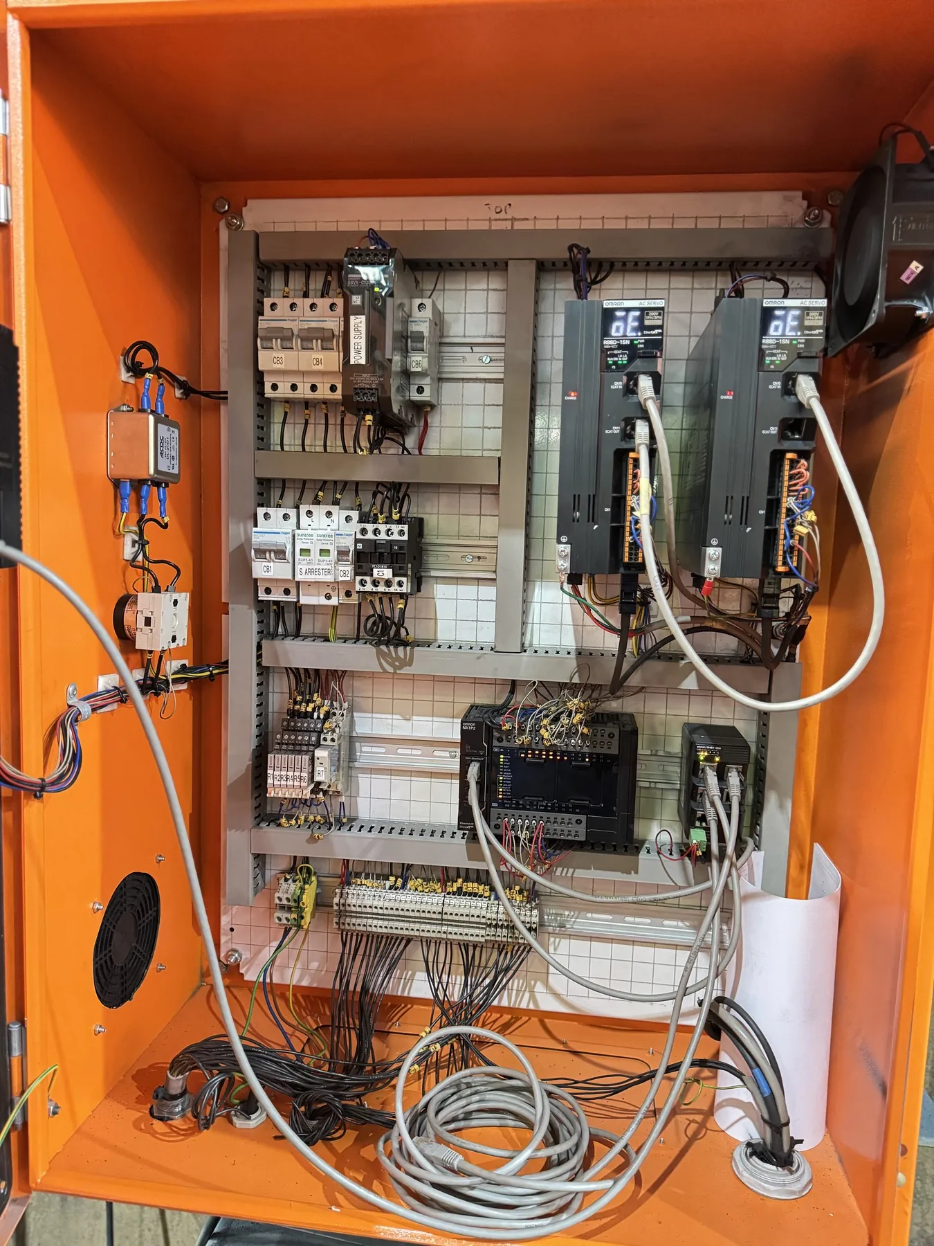 Industrial control cabinet with PLC and twin servo drives